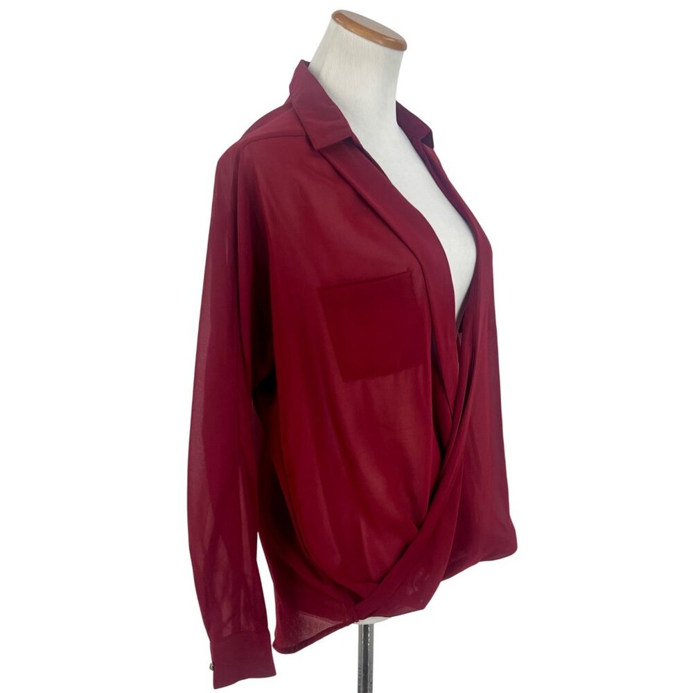 Vintage Romeo & Juliet Couture Silk Blend Burgundy Draped Surplice Sheer Blouse - Picture 6 of 16